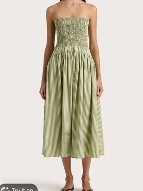 Faithfull the Brand Olive Green Striped Strapless Midi Dress